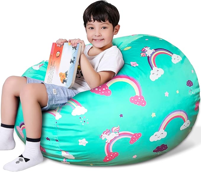 Lukeight Unicorns Stuffed Animals Storage Bean Bag Chair Cover Only (Ships Empty, No Filling) - Velvet YKK Zipper Beanbag Cover for Toddlers and Kids, Washable Plush Toy Organizer, Large 27" D x 16" H