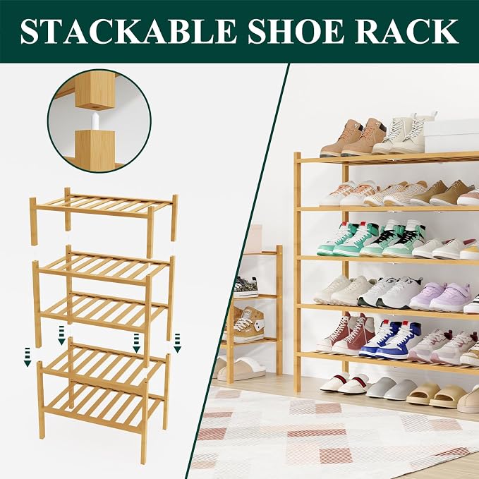 Smiry Long Bamboo Shoe Rack, 4 Tier Free Standing Wooden Shoe Organizer, Stackable Wood Shoe Storage Shelf for Closet, Entryway, 12 Vertical Slats, 2+2 Stack Standard Legs, 33.7"x11"x26", Natural