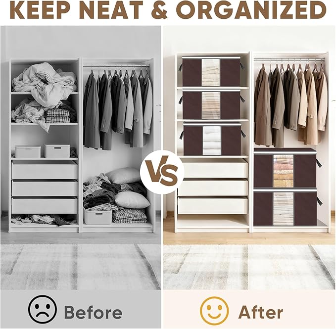 BALEINE 8 Pack Clothes Storage Bags, 16 Gallon Storage Containers with Reinforced Handle, Sturdy Zipper, Closet Organizer for Blanket, Comforter, Pillow, Bedding (Brown, 8 Pack)