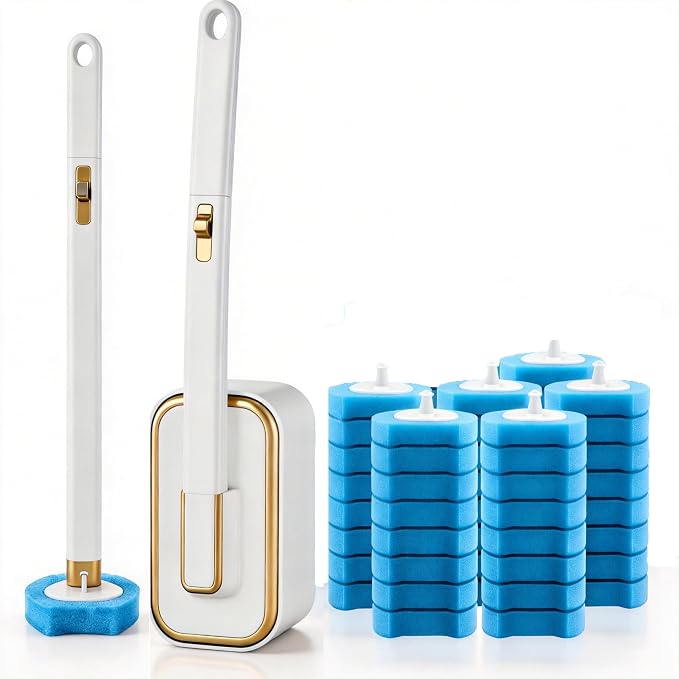 Disposable Toilet Brush with 48 Refills Holder Wall Mount Scrub kit | Built-in cleaner, Ergonomic wand, Long handle, No wash,Click-discard, 2x Adhesive Sheet