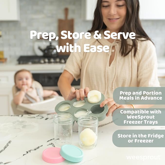 WeeSprout Baby Food Storage Glass Jars w/Lids (4 oz, 24 Pack) Bright Variety, Snack, Reusable Small Containers, Fridge or Freezer, Microwave & Dishwasher Safe, Essentials for Infants