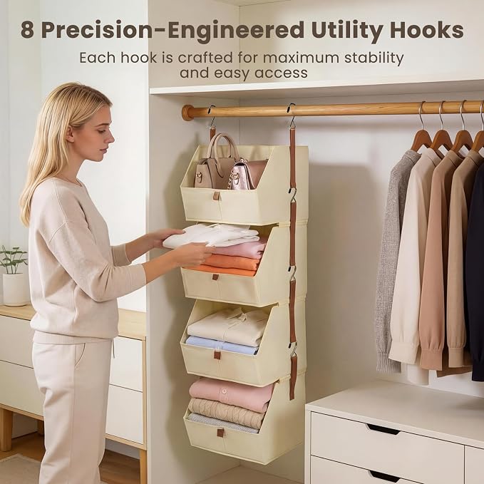 4-Tier Modular Sturdy Hanging Closet Organizer, Heavy-Duty Detachable Clothes Hanging Shelves with Reinforced Zippers and 8 Durable Hooks, Hanging Camper Organizer for Bedroom, RV, Nursery