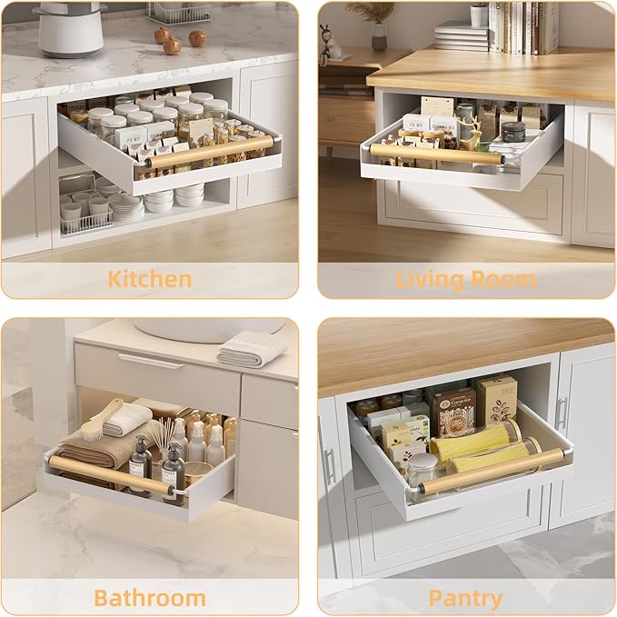 2 Pack Pull Out Cabinet Organizer, 15.3'' Deep Expandable Slide Out Cabinet Organizer Fixed with Adhesive Nano Film, Slide Out Drawers Pull Out Tray for Cabinet in Kitchen, Pantry, Bathroom, White