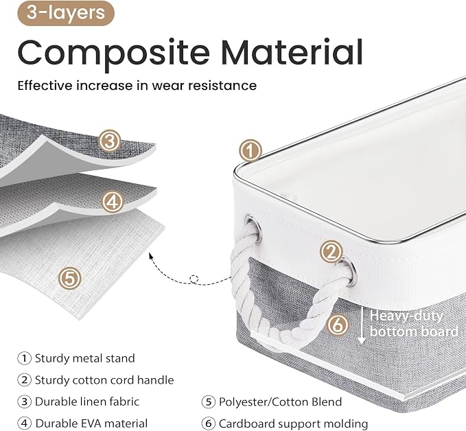 11.8x7.9x5.2 Inch Fabric Small Storage Bins with Handles 1 Pack | Foldable Storage Basket, Sturdy Metal Strand, Cardboard Support Molding, Small Baskets for Organizing, Shelves, White/Gray
