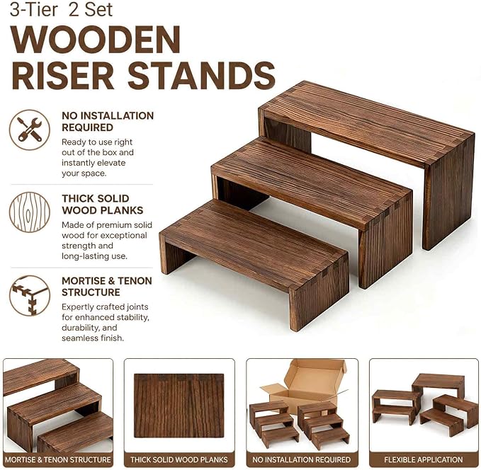 3-Tier Wood Display Riser 2 Set, Tiered Display Stand for Food, Kitchen, Desk & Party - Solid Pine Wooden Shelf & Organizer for Plants, Collectibles, Office (9.5/8.5/7.5 In)