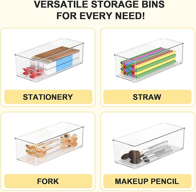 Set of 6 Clear Plastic Storage Bins, 4 Large +2 Small Pantry Organizers and Storage Containers for Kitchen Organization, Home Storage Must Haves for Office, Closet, Garage, Freezer& Bathroom
