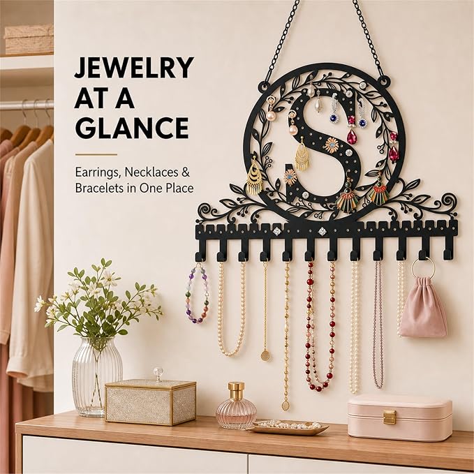 Personalized Wall Mounted Metal Initial Letter S Earring Holder Jewelry Organizer for Earrings and Necklaces Space Saving Wall Display with Hooks Jewelry Storage Bedroom Vanity Gift for Women