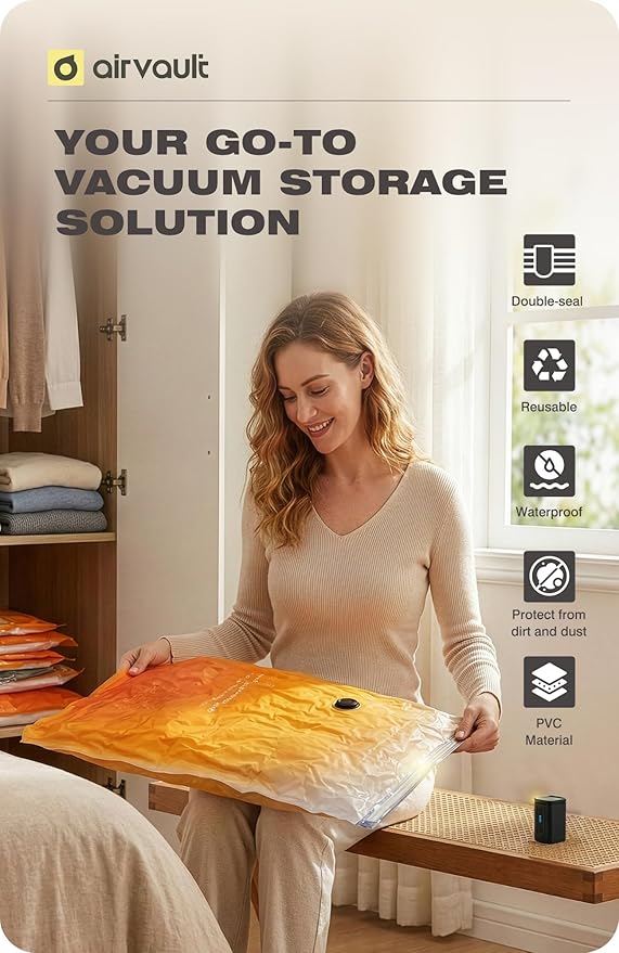 AirVault Vacuum Storage Bags for Travel & Home - Space Saver Compression Packing Bags Set for Clothes, Blankets & Seasonal Storage, Small (5), Medium (5), Large (5) (Orange,15-Pack Combo)