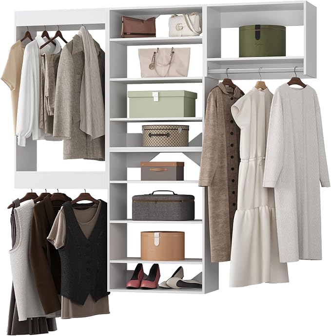Modular Closet System, 66" Wide Closet Organizer System with Towers and Hanging, Wood Closet Tower Storage for Walk In Closets, Wall Mounted Wardrobe Organizer Kit System, Bedroom, White