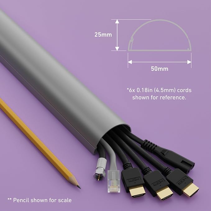 D-Line Half Round Cord Hider, Patented Cable Cover, Hide TV Wall Mount Wires, Raceway for Cords, Decorative Wire Covers, Paintable, Adhesive Cable Concealer - 2X 2in W x 1in H x 39in L - Gray