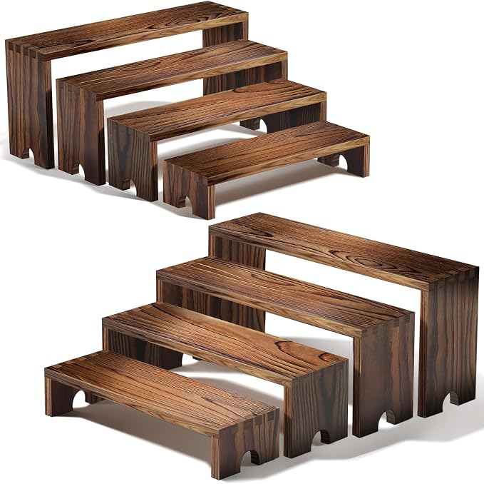 2 Set wood tone Wooden Tiered Display Stands 4 Tier Stackable Pine Wood Display Risers, Suitable for Vendor Events, Cupcake Stands, cake stand Wooden Dessert Table Sets, Vendor Booth Displays,Cosmetic & pantry organizers and storage can organizer, Kitc...