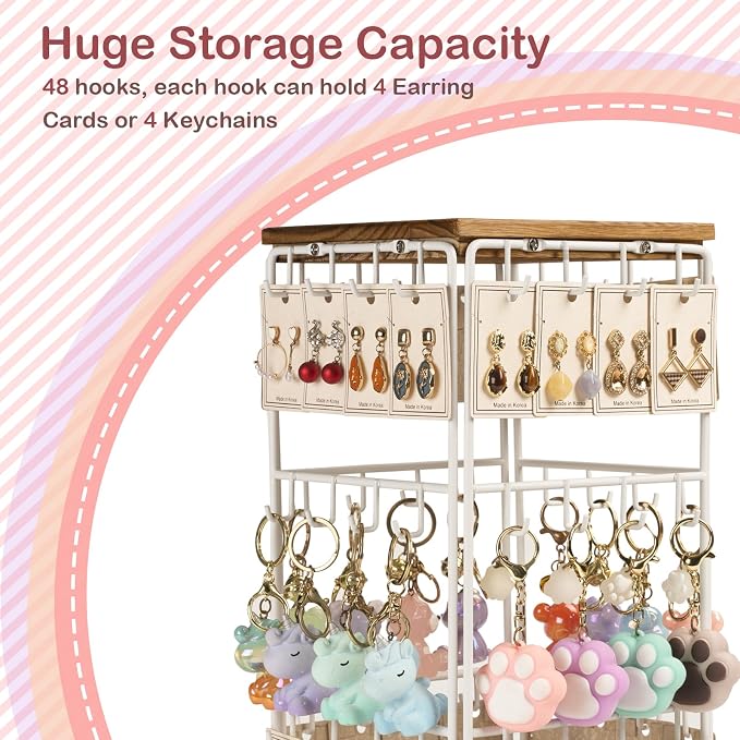 360 Rotating Earring Display Stands for Selling, Earring Rack Display Holder Stand, Jewelry Display for Vendors Selling Earring Cards, Necklaces, Bracelets, Hair Accessories (48 Hooks)