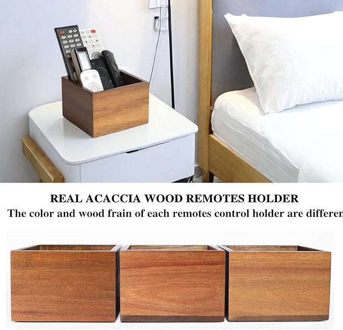 LBEMEY Remote Control Holder Caddy,Farmhouse Acacia Wood TV Remote Holder, Vintage Desk Caddy, Remote Organizer for Table (Brown for 3+ Remote Controls)