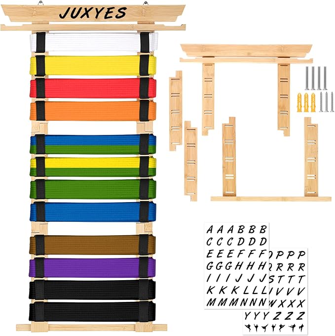 JUXYES Wall Hanging Martial Arts Belts Organizer for 8 12 Belts with Medal Hanger and Stickers, Bamboo Karate Belt Display Holder Rack, Taekwondo Belt Display Holder for Martial Arts Learners