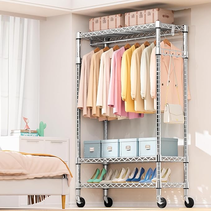 M MZG Heavy Duty Rolling Garment Rack 3 Tiers Adjustable Wire Shelving Clothes Rack with Rods and Side Hooks,Storage Closet Clothing Rack with Wheels Chrome 17.7" D x 47.2" W x 83.6" H