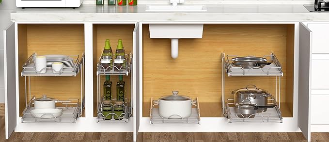 OCG 2 Tier Pull Out Cabinet Organizer (9.5" W x 21" D), Pull Out Drawers for Kitchen Cabinets, Pull Out Shelves for Base Cabinet Organization in Kitchen Bathroom Pantry, Chrome Finish