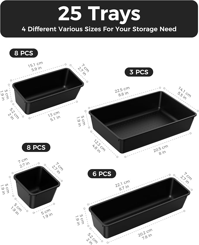 BiuLeon 25 PCS Plastic Drawer Organizers Set, 4-Sizes Vanity and Makeup Organizer, Desk and bathroom Drawer Organizer Trays, Organizers and Storage for Makeup, Jewelry, Gadgets, Utensils (Black)