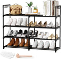 2 Rows 4 Tier Shoe Rack, Black Metal Stackable Shoe Shelf with Multifunctional Hooks, Hold 16-20 Pairs, Space Saving Shoe Organizer for Closet, Bedroom