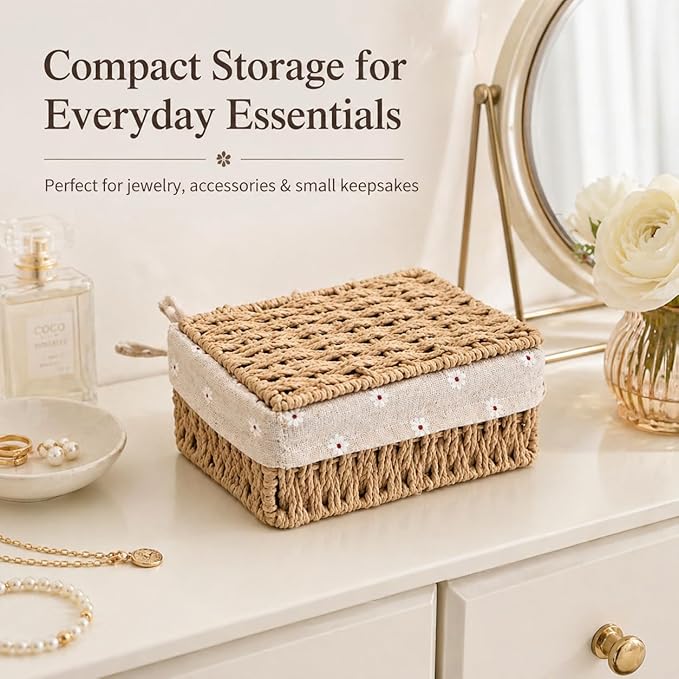 1PC Woven Storage Basket with Lid for Closet Shelf-Khaki Small | Bathroom, Closet & Shelf Storage Basket, Sewing & Towel Basket, Blanket & Toy Storage, Woven Basket with Liner