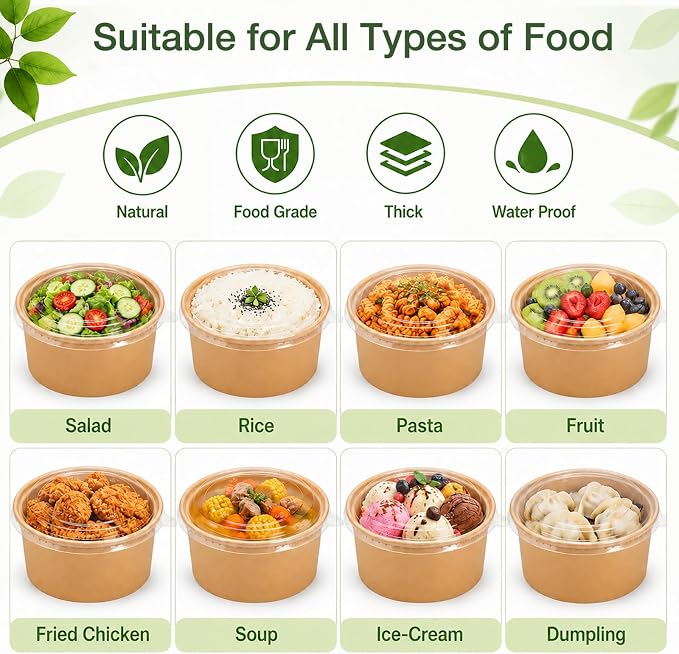50pks 34oz Disposable Meal Prep Containers, Disposable Bowls with Lids | Disposable kraft paper bowls with lids, Waterproof, Safe for hot & cold food, Perfect for catering, parties, lunch takeout