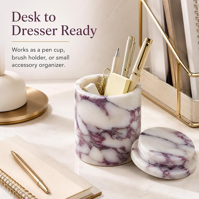 Natural Marble Round Jar with Lid, 4.13 in | A round marble jar that keeps cotton swabs, pads, and hair ties neatly stored with a natural stone accent.