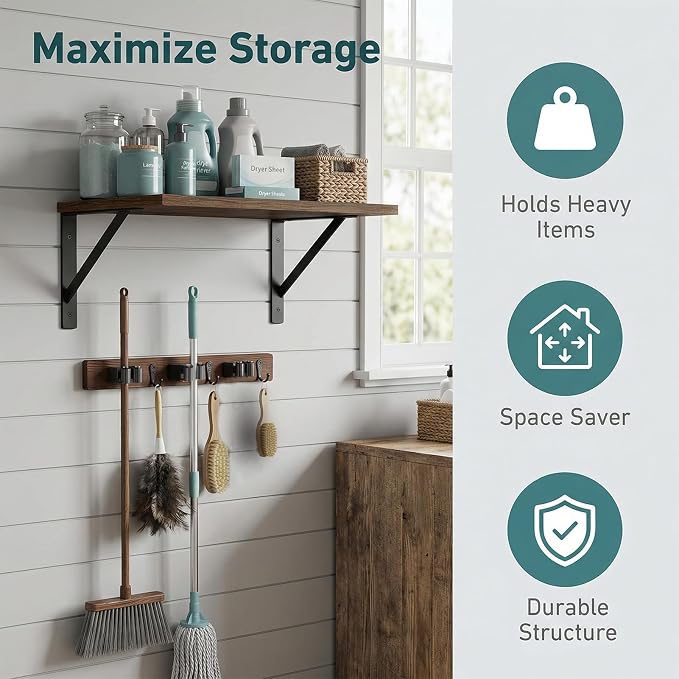 Broom and Mop Organizer Wall Hanging with Cleaning Supplies Organizer Shelf Rustic Farmhouse Wood Broom Mop Holder Storage Rack for Laundry Room Garage (1, Brown)
