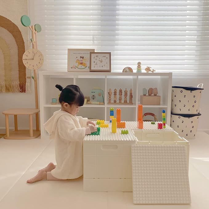 SHIMOYAMA Plastic Foldable Kid Storage Box, 25L Storage Toy Bins with Building Base for Duplo Bricks, 26Qt. Toy Chest for Duplo Blocks, White