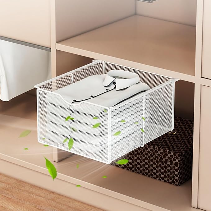 Pull Out Cabinet Storage Basket,Wardrobe Storage Organiser,Storage Under Shelf,No Punching Required,with 4 Hooks,for Kitchen Office Wardrobes Cupboard Storage(White,33x29x17cm)