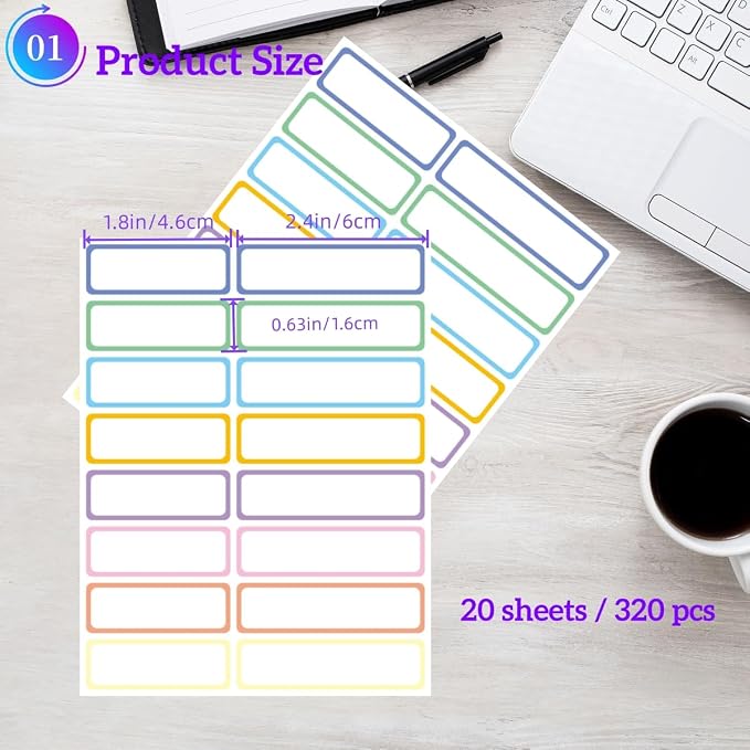 Removable Waterproof Labels 320 pcs for Daycare, Kitchen, Office, Home Organization Projects. Colored Border Labels