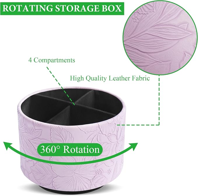 Round Leather Art Supply Organizer,Remote Control Holder,360 Degree Spinning,Multi-Functional Pencil Holder,4 Compartments Desktop Stationary Organizer(1-Carved Purple)