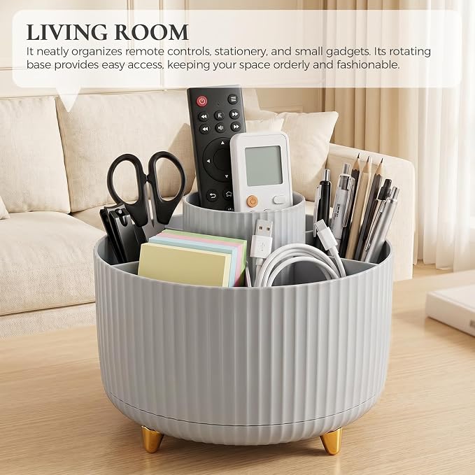 KONVINIT Pencil Pen Holder for Desk, 5 Slots 360-Degree Rotating Desktop Organizer, Cute Desk Organizers and Accessories for School, Home, Office and Art Supply, Grey