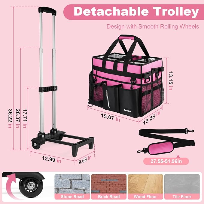 Cleaning Caddy with Wheels, Rolling Cleaning Supplies Organizer with Bottom Board, Dividers & Shoulder Strap, Portable Utility Tote with Small Trolley, Rose Pink