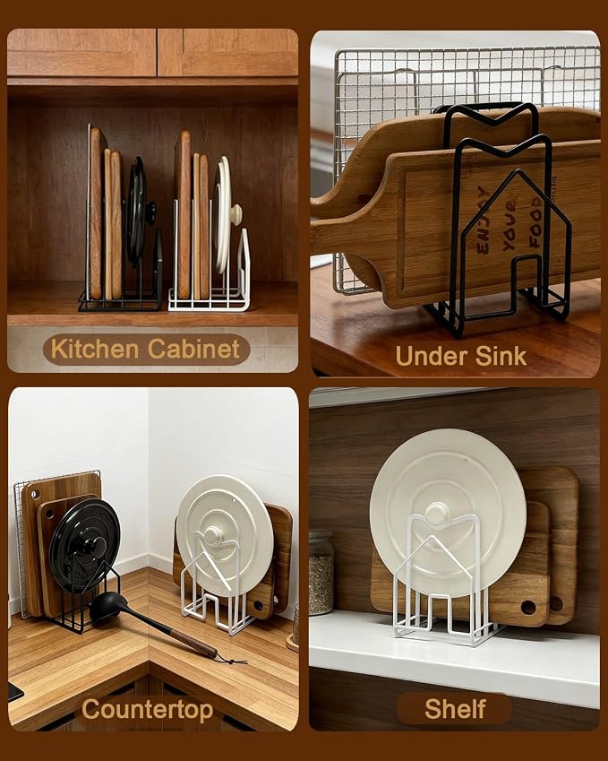 SUNFICON 2 Pack Cutting Board Racks Holders Pot Pan Lids Holders Chopping Board Organizers Thin Bakeware Trays Dry Display Stands Kitchen Countertop Cabinet Office Black