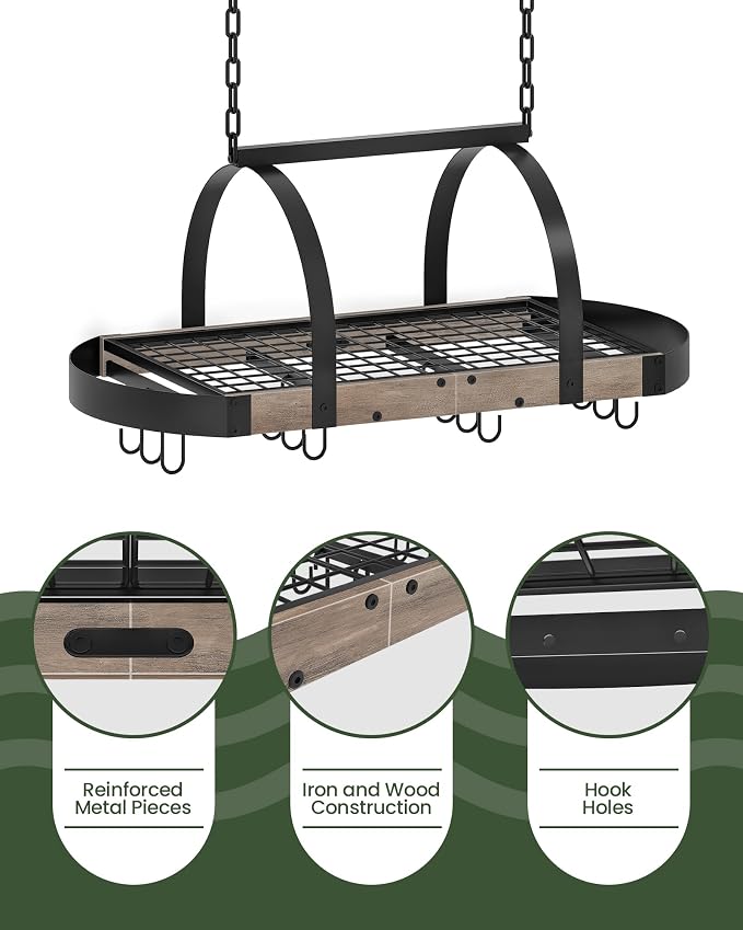 CHOEZON Hanging Pot Rack, Pot Hanger for Kitchen, Ceiling Mounted Pot Holder, Cookware Organizer with 12 S-Shaped Hooks, for Pot, Pan Storage, Space-Saving, Greige and Black TPR08BGC1