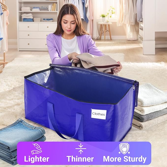 FabSpace 10Pack Moving Storage Bags, Moving Supplies Packing Boxes for Moving, Camping, College Dorm Room Essentials for Girls, Blue Tote Bags, 76L Heavy-Duty Storage Bins With Lids And Zippers