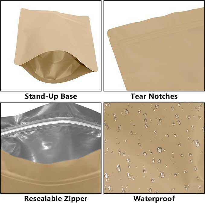 50PCS Smell Proof Resealable Pouch Bags,ULIFESTAR Aluminum Foil Flat Food Storage Bag,Sealable Pcsaging Zipper Pouches with Tear Notches for Pcsaging Lipgloss,Jewelry,etc(20*30cm/7.87*11.81",Gold)