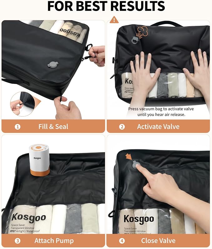 Vacuum Compression Bags for Travel with Pump 180° Open Vacuum Seal Bags for Carry-on Luggage Home Storage, IP67 Waterproof Space Saver Storage Bag (1 Pack with Pump, Black)
