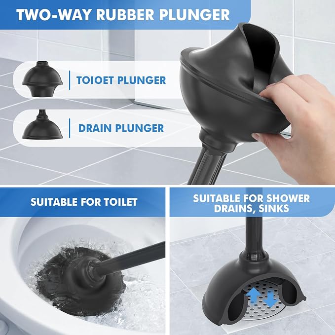 LOVLOY Toilet Plunger and Brush, Bowl Brush and Heavy Duty Toilet Plunger Set with Ventilated Holder, 2-in-1 Toilet Brush and Plunger Combo for Bathroom Cleaning (2, Black)