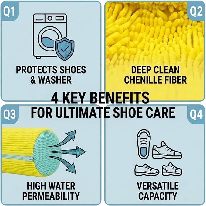 2 Pack Shoe Washing Machine Bag, Works for Washer & Dryer, Reusable Laundry Bag with Self-Locking Zipper, 360° Deep Cleaning for Sneakers and Tennis Shoes (Yellow)