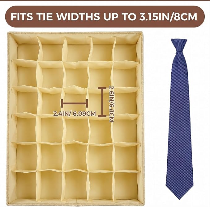 PINGMIC Beige Sock Organizer Divider 2 Pack with Lid - 30 Cell Foldable Closet Storage, Tie Organizer For Men Boxes for Socks, Ties, Belts