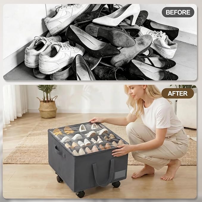 Large Shoe Organizer for Closet, 16 Pairs Shoe Storage Box with 360° Wheels & Reinforced Handles, Adjustable Dividers, Clear Cover, Side Pocket, Foldable Oxford Fabric Bin for Entryway, Grey