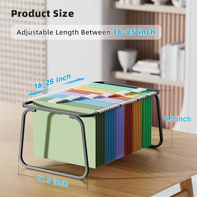 Marbrasse Hanging File Folder Frame, Adjustable Letter Size File Holder 16-25 Inches, Metal File Cabinet Rails for Office, Home, School, 2P(Black)