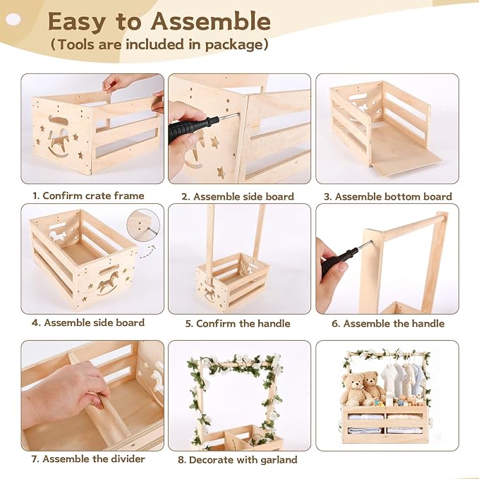 Baby Shower Crate Closet - Wooden Gift Basket with Hangers and Removable Divider, Personalized New Mom Gifts to Welcome Newborn Boys Girls (Natural Wood)