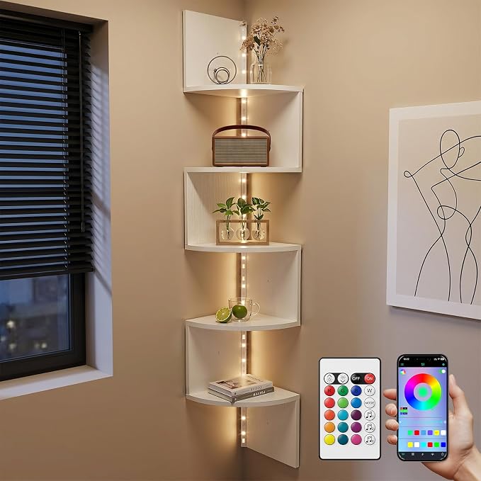 HAAYOT Corner Shelf Wall Mounted: 5-Tier Floating Shelves with Lights for Living Room, Bedroom, Home Office, Cloud White