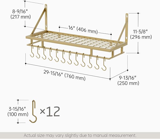 KES 30-Inch Gold Pot Rack, Wall Mounted Hanging Pot and Pan Organizer | 12 Sturdy Hooks, Elegant Modern Kitchen Wall Hanger Shelves, KUR215S75A-GD
