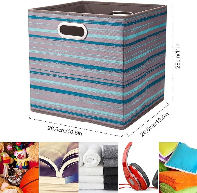 6 Cube Storage Bins Teal Stripes Gradient Lines 10.5x10.5x11 Inch Foldable Whale Coastal Print Fabric Half Storage Basketes for Home Organizers Storage Drawer,QY-SC12-6