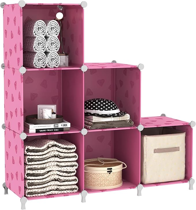 UNKU Cube Storage Organizer, 6 Cube Closet Organizer Storage Shelves, DIY Stackable Bookcase, Clothes Organizer Shelf for Closet, Bedroom, Living Room, Cabinet, Home, Office, Pink
