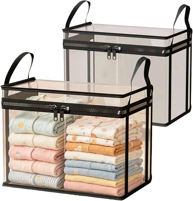 Large Clear Thick Plastic Storage Box with Hinged Lid, Heavy-Duty Durable High Capacity Organizer, Foldable Storage Box,Perfect for Home, Camping, Travel, Attic & Moving (Black-L-2)