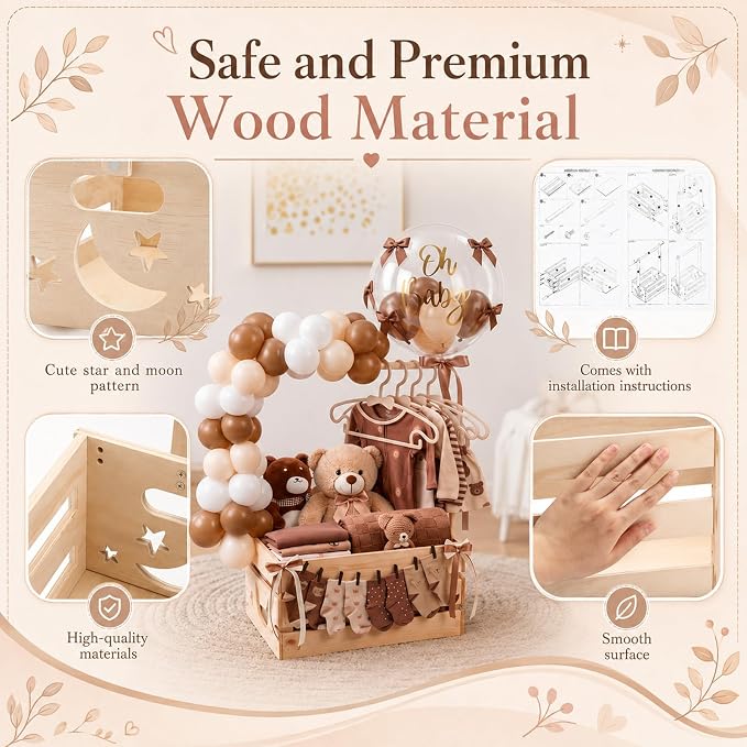 Wooden Baby Shower Crate Closet with Hanger Rack, Brown Bow Baby Gifts Basket with Balloon Accessories, DIY Babies Welcome Box for Pregnancy New Parent