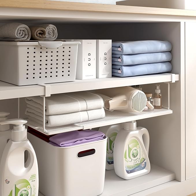 Expandable Under Cabinet Shelf, Extendable Under Shelf Storage with 0.94 Inches Thick Clips for Pantry Cabinet, Laundry Room, Shoe Rack.(White, 1 Pack, Interior: 3.66" H x 8.26" D)